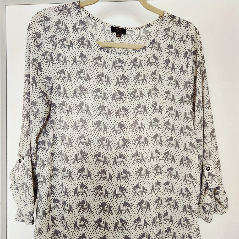 Women's Elephant Print Blouse - Black and White